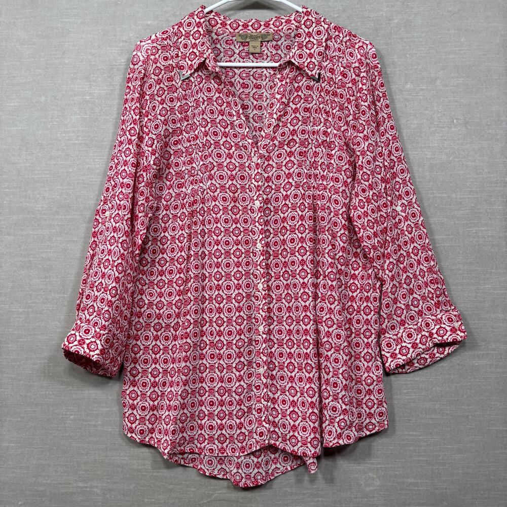 Nine‎ West Vintage America Western Tunic Top L Boho Chic Retro Red Lightweight